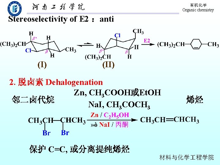 有机化学 Organic chemistry Stereoselectivity of E 2 ：anti (I) (II) 2. 脱卤素 Dehalogenation Zn,