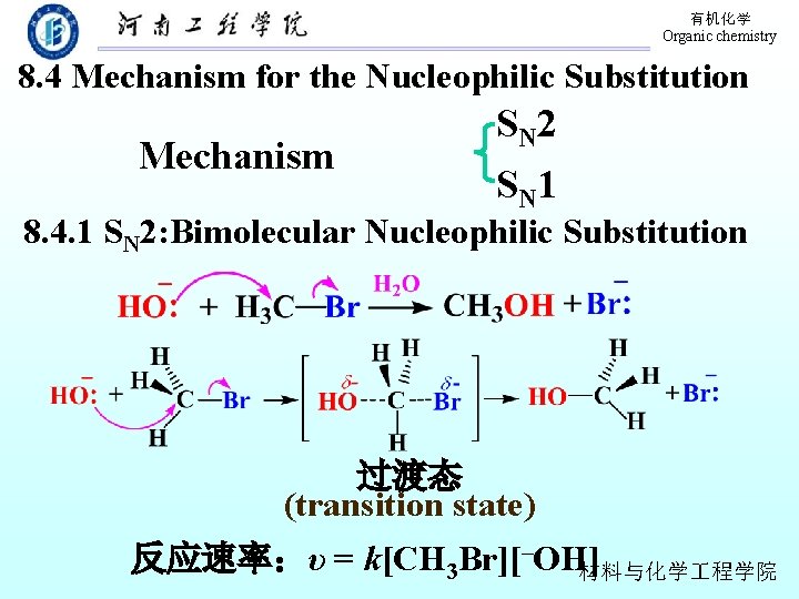 有机化学 Organic chemistry 8. 4 Mechanism for the Nucleophilic Substitution Mechanism S N 2