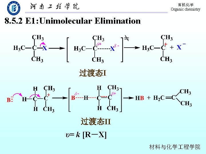 有机化学 Organic chemistry 8. 5. 2 E 1: Unimolecular Elimination 过渡态II υ= k [R－X]