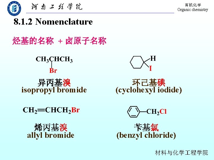 有机化学 Organic chemistry 8. 1. 2 Nomenclature 烃基的名称 + 卤原子名称 异丙基溴 isopropyl bromide 烯丙基溴