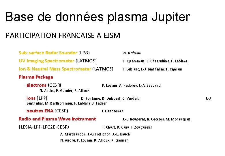 Base de données plasma Jupiter PARTICIPATION FRANCAISE A EJSM Sub-surface Radar Sounder (LPG) W.