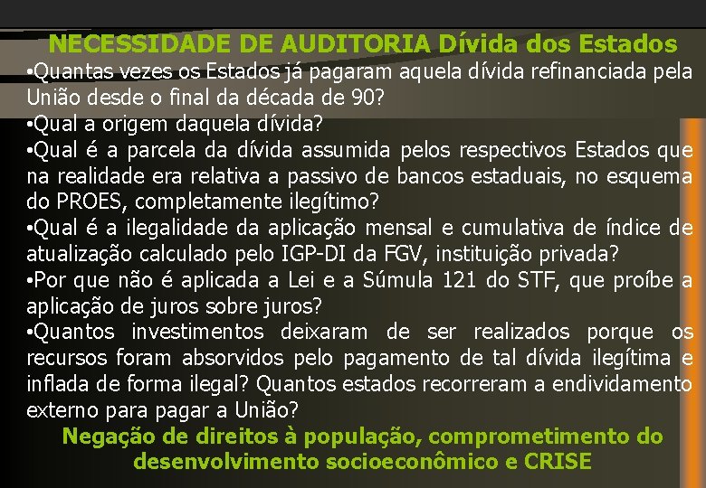 NECESSIDADE DE AUDITORIA Dívida dos Estados • Quantas vezes os Estados já pagaram aquela