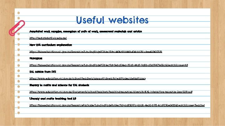 Useful websites Annotated work samples, exemplars of units of work, assessment materials and advice