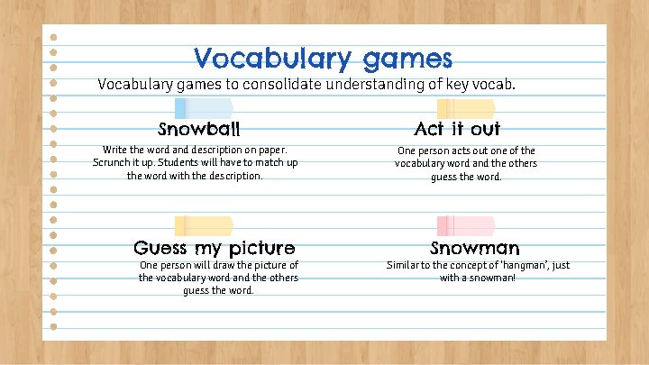 Vocabulary games to consolidate understanding of key vocab. Snowball Write the word and description