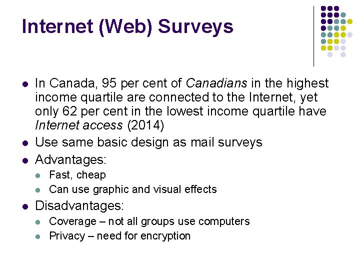 Internet (Web) Surveys l l l In Canada, 95 per cent of Canadians in