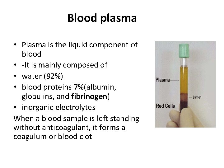 Blood plasma • Plasma is the liquid component of blood • -It is mainly