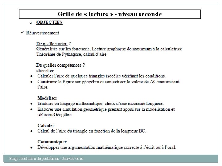 Grille de « lecture » - niveau seconde Stage résolution de problèmes - Janvier