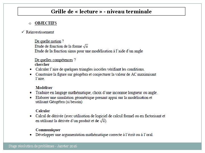 Grille de « lecture » - niveau terminale Stage résolution de problèmes - Janvier