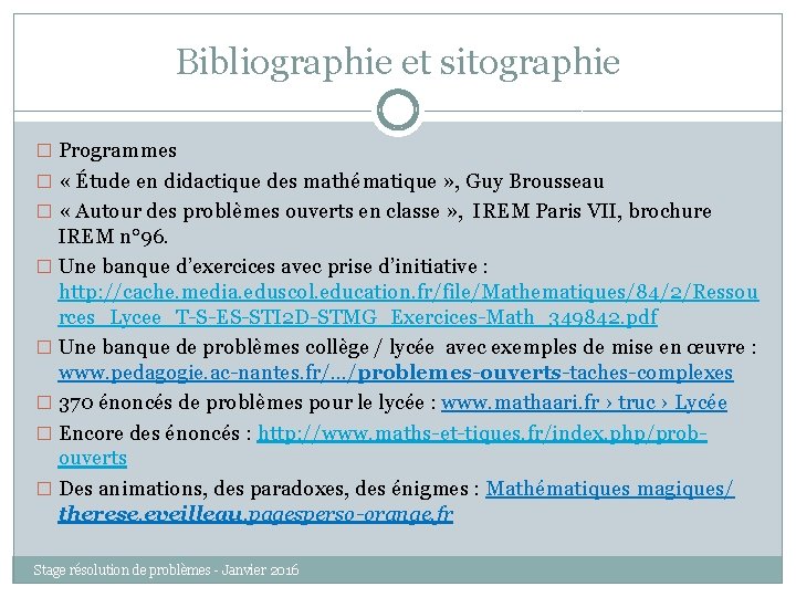 Bibliographie et sitographie � Programmes � « Étude en didactique des mathématique » ,