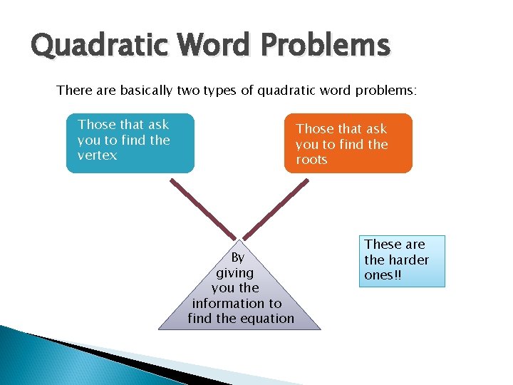 Quadratic Word Problems There are basically two types of quadratic word problems: Those that