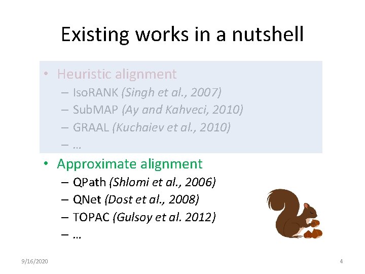 Existing works in a nutshell • Heuristic alignment – Iso. RANK (Singh et al.