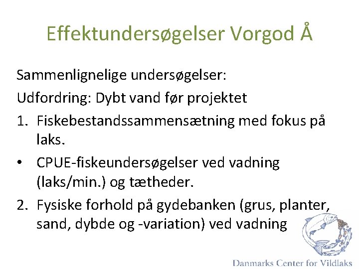 Effektundersøgelser Vorgod Å Sammenlignelige undersøgelser: Udfordring: Dybt vand før projektet 1. Fiskebestandssammensætning med fokus