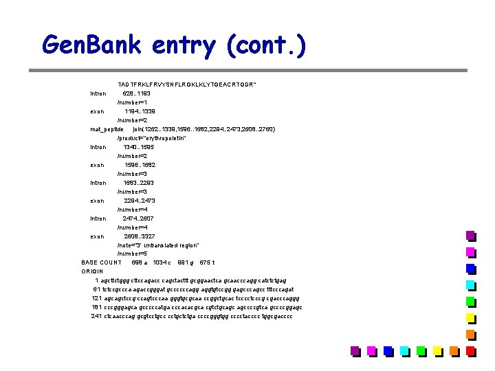 Gen. Bank entry (cont. ) TADTFRKLFRVYSNFLRGKLKLYTGEACRTGDR" intron 628. . 1193 /number=1 exon 1194. . Gen. Bank entry (cont. ) TADTFRKLFRVYSNFLRGKLKLYTGEACRTGDR" intron 628. . 1193 /number=1 exon 1194. .