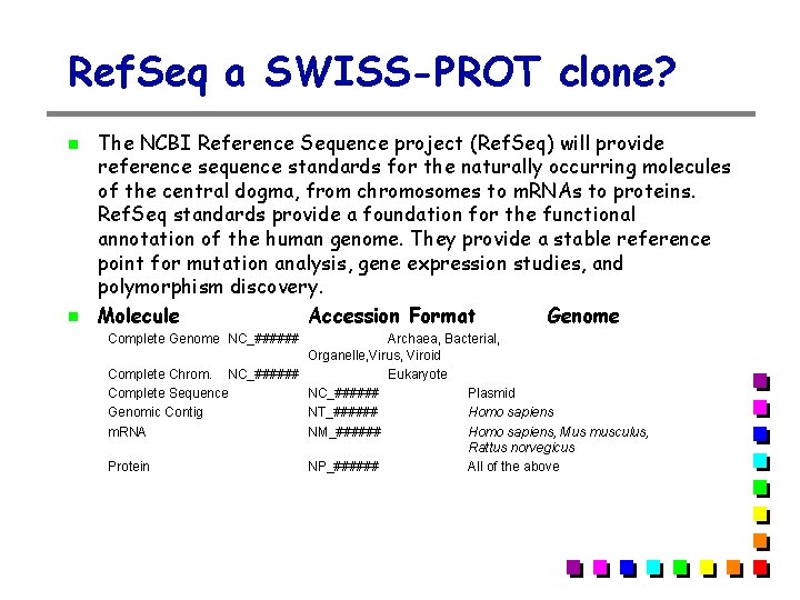 Ref. Seq a SWISS-PROT clone? The NCBI Reference Sequence project (Ref. Seq) will provide Ref. Seq a SWISS-PROT clone? The NCBI Reference Sequence project (Ref. Seq) will provide