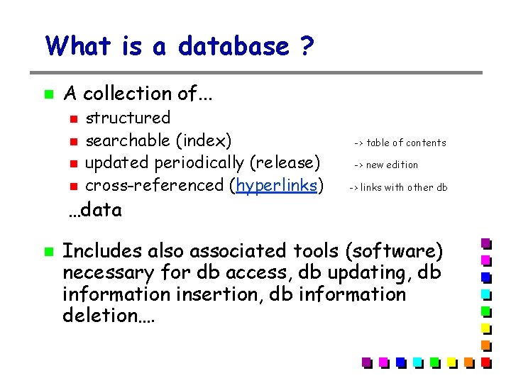 What is a database ? A collection of. . . structured searchable (index) updated What is a database ? A collection of. . . structured searchable (index) updated