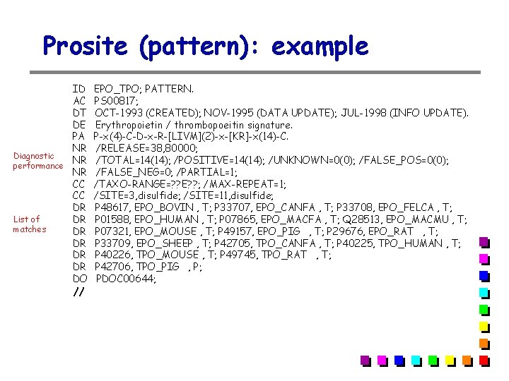 Prosite (pattern): example ID AC DT DE PA NR Diagnostic NR performance NR CC Prosite (pattern): example ID AC DT DE PA NR Diagnostic NR performance NR CC
