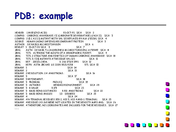 PDB: example HEADER COMPND SOURCE AUTHOR REVDAT JRNL JRNL REMARK REMARK REMARK REMARK ……… PDB: example HEADER COMPND SOURCE AUTHOR REVDAT JRNL JRNL REMARK REMARK REMARK REMARK ………