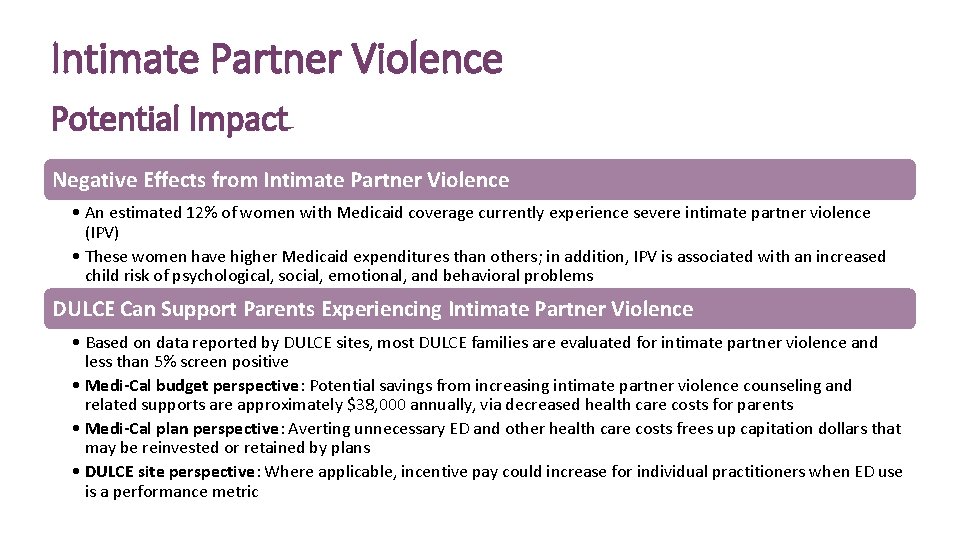 Intimate Partner Violence Potential Impact Negative Effects from Intimate Partner Violence • An estimated