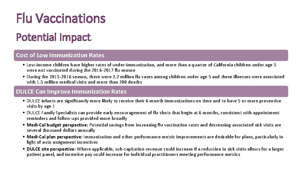 Flu Vaccinations Potential Impact Cost of Low Immunization Rates • Low-income children have higher