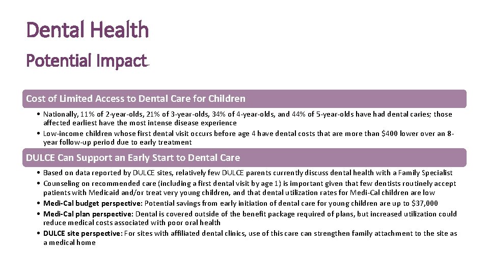 Dental Health Potential Impact Cost of Limited Access to Dental Care for Children •
