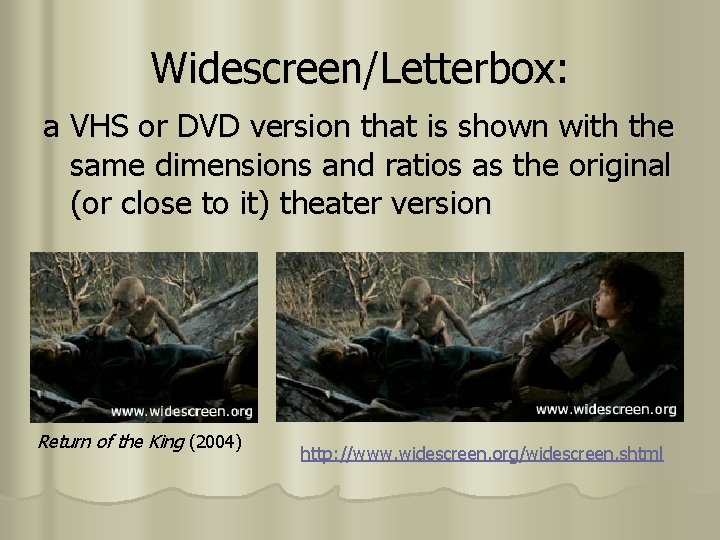 Widescreen/Letterbox: a VHS or DVD version that is shown with the same dimensions and