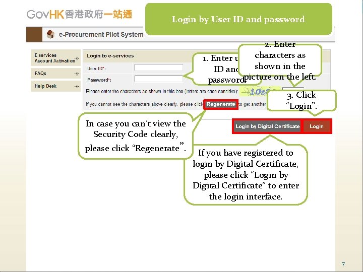 Login by User ID and password 2. Enter 1. Enter user characters as ID