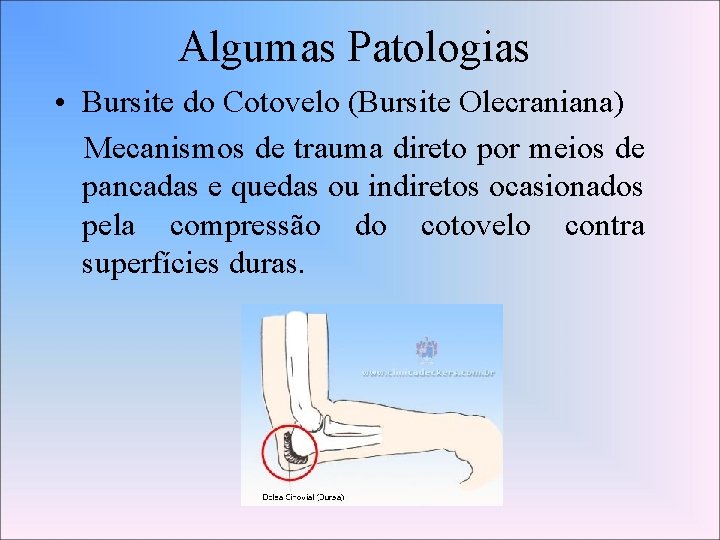 Algumas Patologias • Bursite do Cotovelo (Bursite Olecraniana) Mecanismos de trauma direto por meios