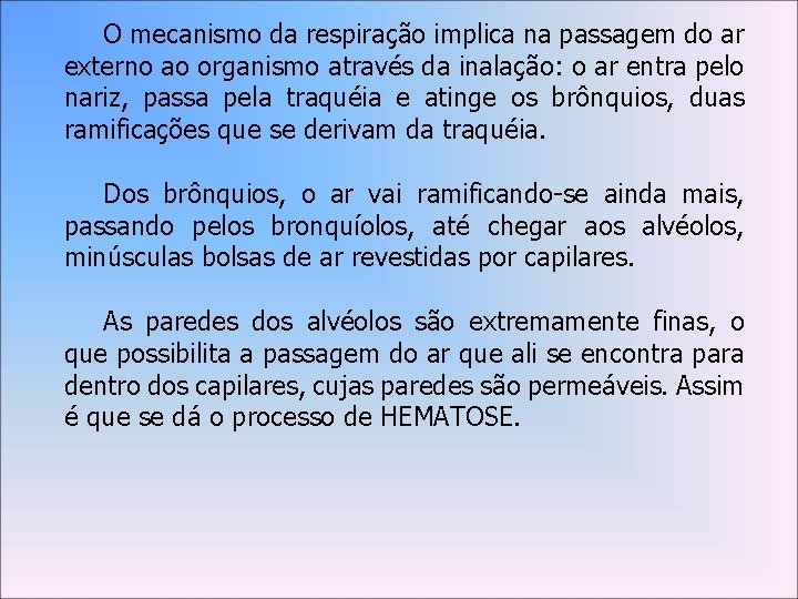 O mecanismo da respiração implica na passagem do ar externo ao organismo através da