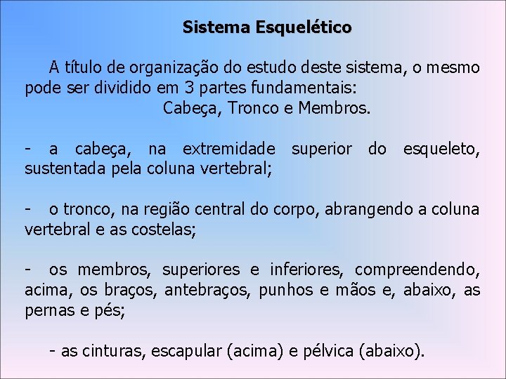 Sistema Esquelético A título de organização do estudo deste sistema, o mesmo pode ser