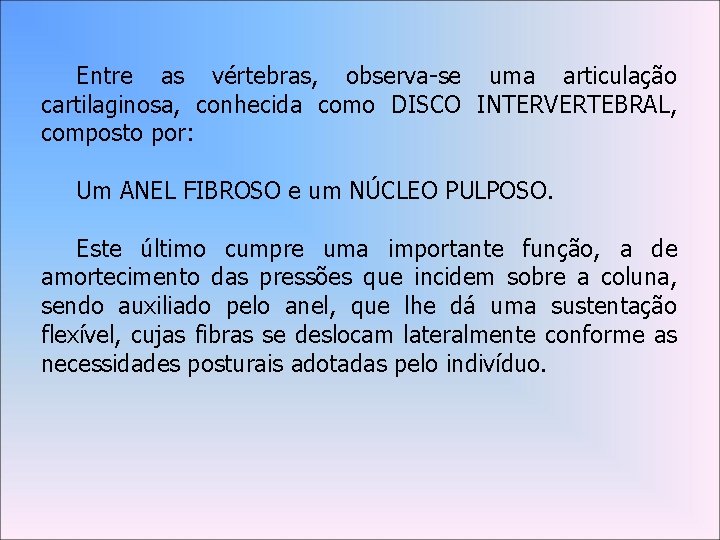 Entre as vértebras, observa-se uma articulação cartilaginosa, conhecida como DISCO INTERVERTEBRAL, composto por: Um