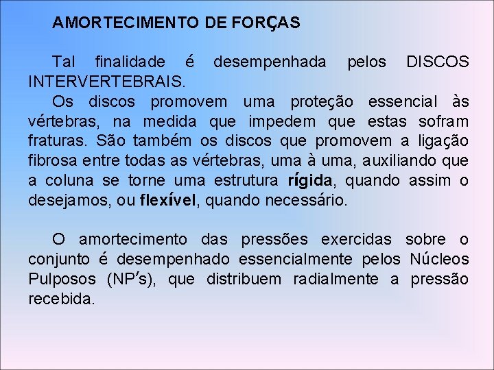 AMORTECIMENTO DE FORÇAS Tal finalidade é desempenhada pelos DISCOS INTERVERTEBRAIS. Os discos promovem uma