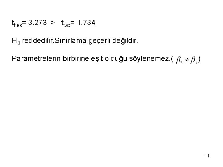 thes= 3. 273 > ttab= 1. 734 H 0 reddedilir. Sınırlama geçerli değildir. Parametrelerin