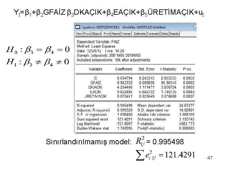 Yt=β 1+β 2 GFAİZ β 3 DKAÇIK+β 4 EAÇIK+β 5ÜRETİMAÇIK+ut Sınırlandırılmamış model: = 0.