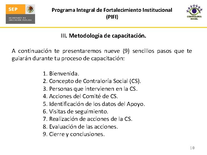 Programa Integral de Fortalecimiento Institucional (PIFI) III. Metodología de capacitación. A continuación te presentaremos