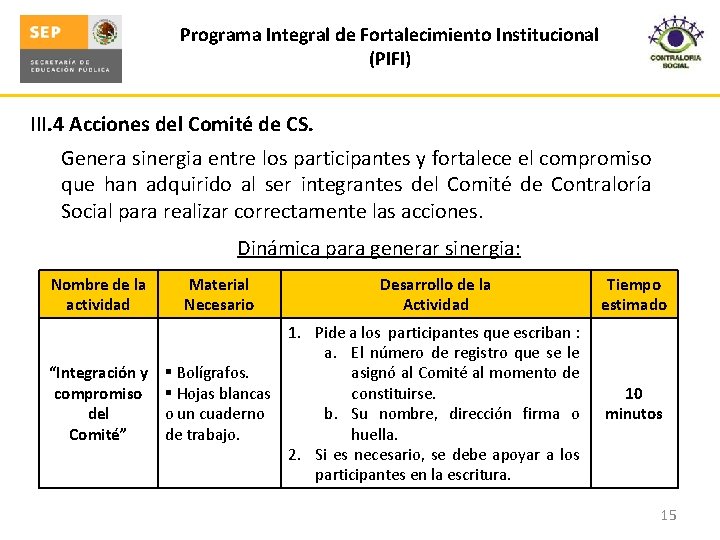 Programa Integral de Fortalecimiento Institucional (PIFI) III. 4 Acciones del Comité de CS. Genera