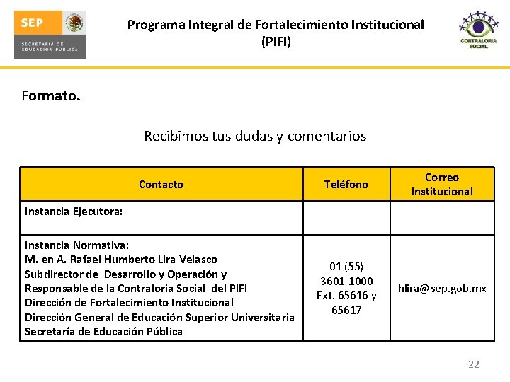 Programa Integral de Fortalecimiento Institucional (PIFI) Formato. Recibimos tus dudas y comentarios Contacto Teléfono