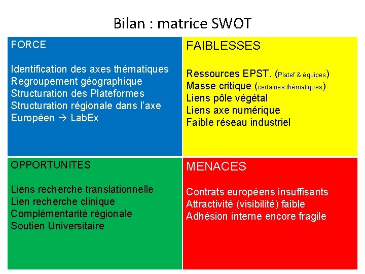 Bilan : matrice SWOT FORCE FAIBLESSES Identification des axes thématiques Regroupement géographique Structuration des