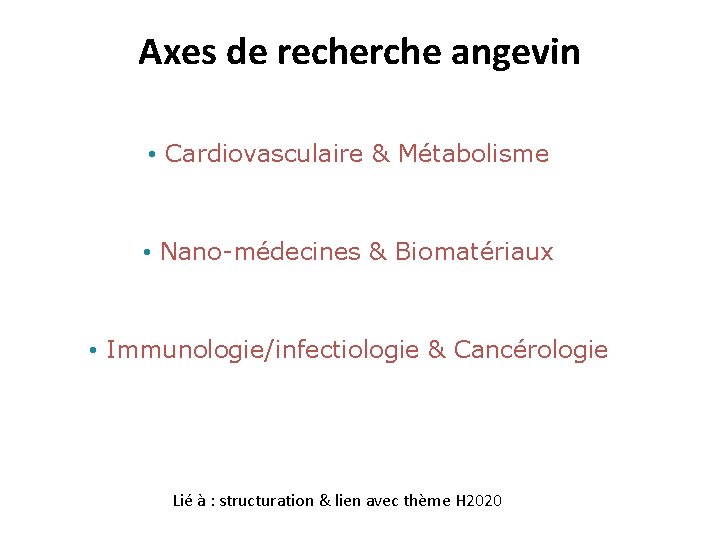 Axes de recherche angevin • Cardiovasculaire & Métabolisme • Nano-médecines & Biomatériaux • Immunologie/infectiologie