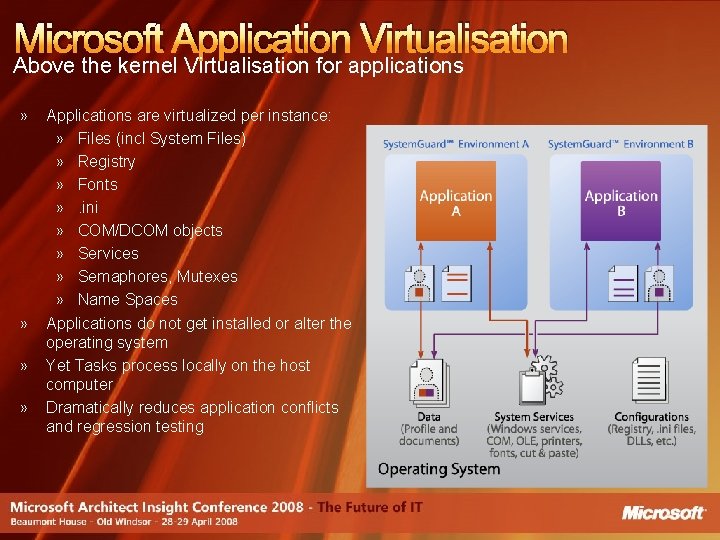 Microsoft Application Virtualisation Above the kernel Virtualisation for applications » » » » Applications