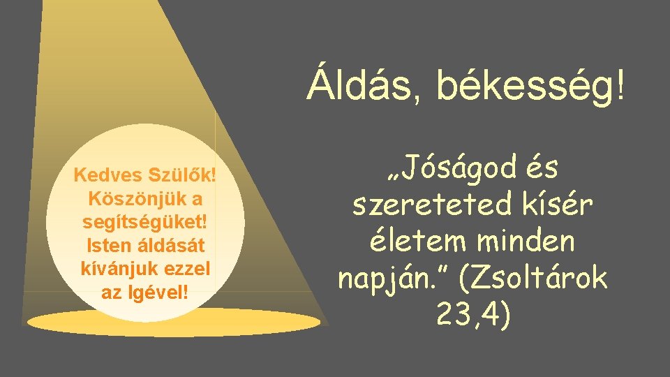 Áldás, békesség! Kedves Szülők! Köszönjük a segítségüket! Isten áldását kívánjuk ezzel az Igével! „Jóságod