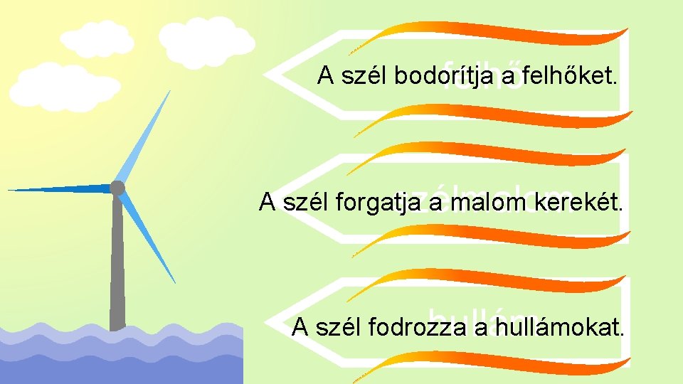 A szél bodorítja a felhőket. felhő A szél forgatja a malom kerekét. szélmalom A