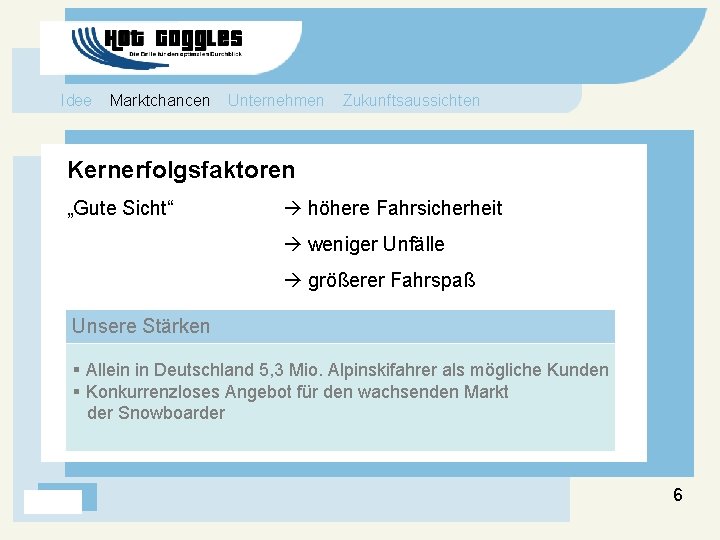 Idee Marktchancen Unternehmen Zukunftsaussichten Kernerfolgsfaktoren „Gute Sicht“ höhere Fahrsicherheit weniger Unfälle größerer Fahrspaß Unsere