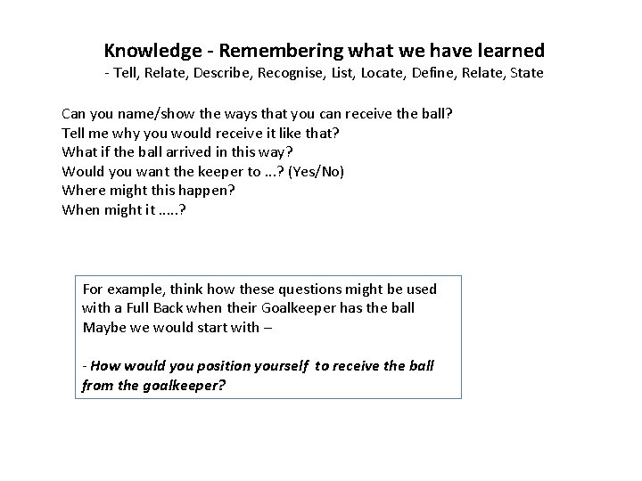 Knowledge - Remembering what we have learned - Tell, Relate, Describe, Recognise, List, Locate,