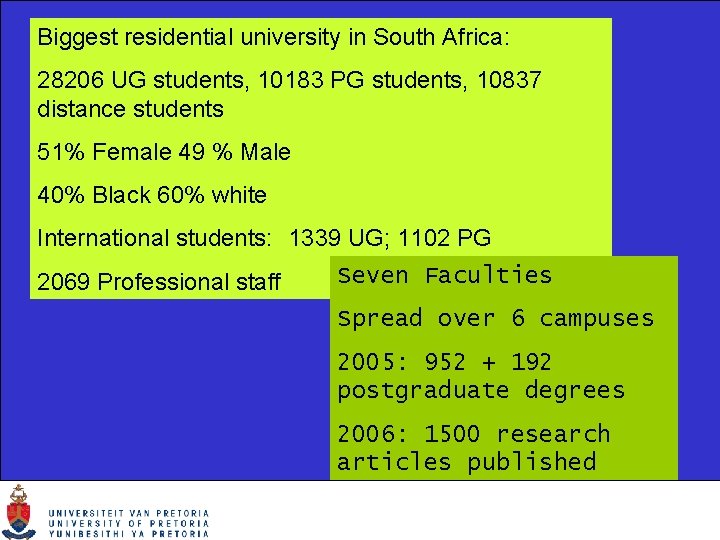 Biggest residential university in South Africa: 28206 UG students, 10183 PG students, 10837 distance