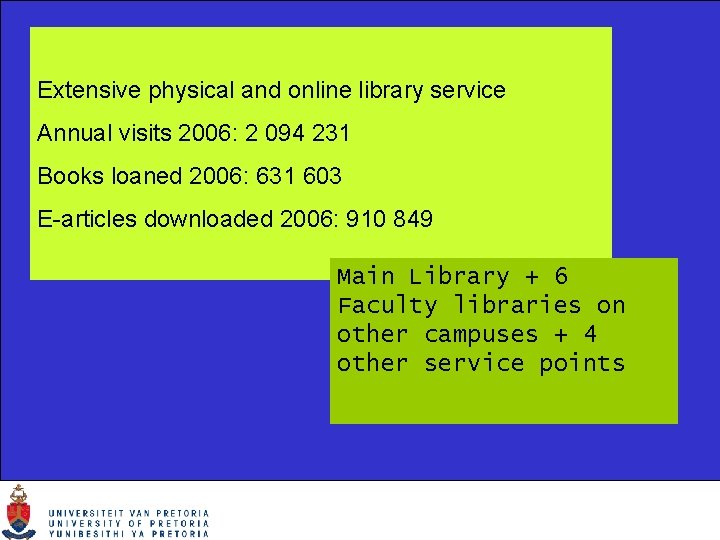 Extensive physical and online library service Annual visits 2006: 2 094 231 Books loaned