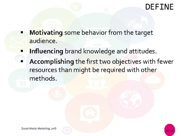 DEFINE Motivating some behavior from the target audience. Influencing brand knowledge and attitudes. Accomplishing