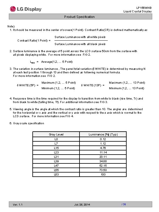 LP 156 WHB Liquid Crystal Display Product Specification Note) 1. It should be measured