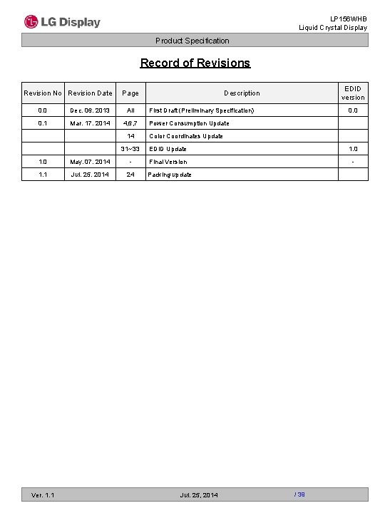 LP 156 WHB Liquid Crystal Display Product Specification Record of Revisions Revision No Revision