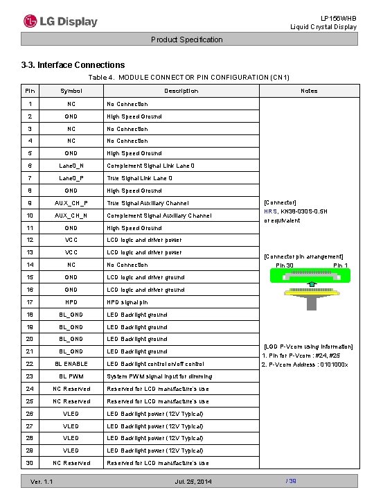 LP 156 WHB Liquid Crystal Display Product Specification 3 -3. Interface Connections Table 4.