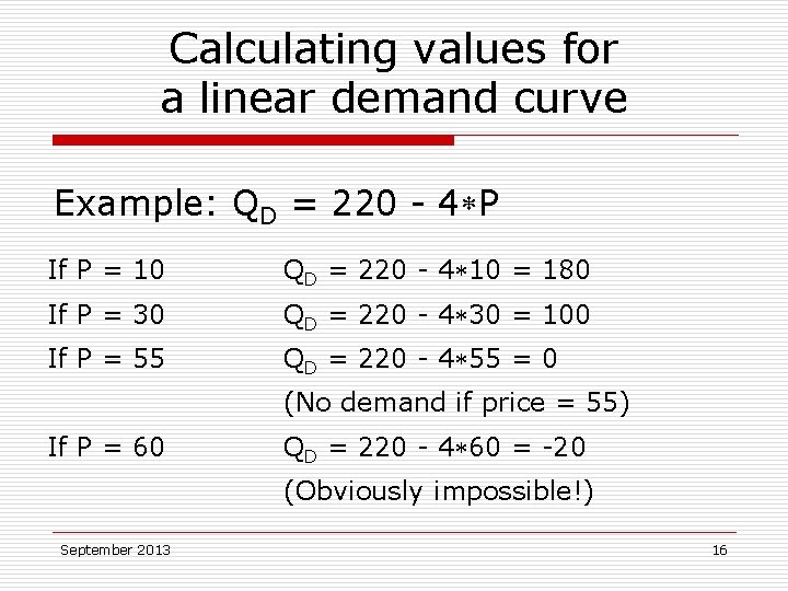 Calculating values for a linear demand curve Example: QD = 220 - 4 P